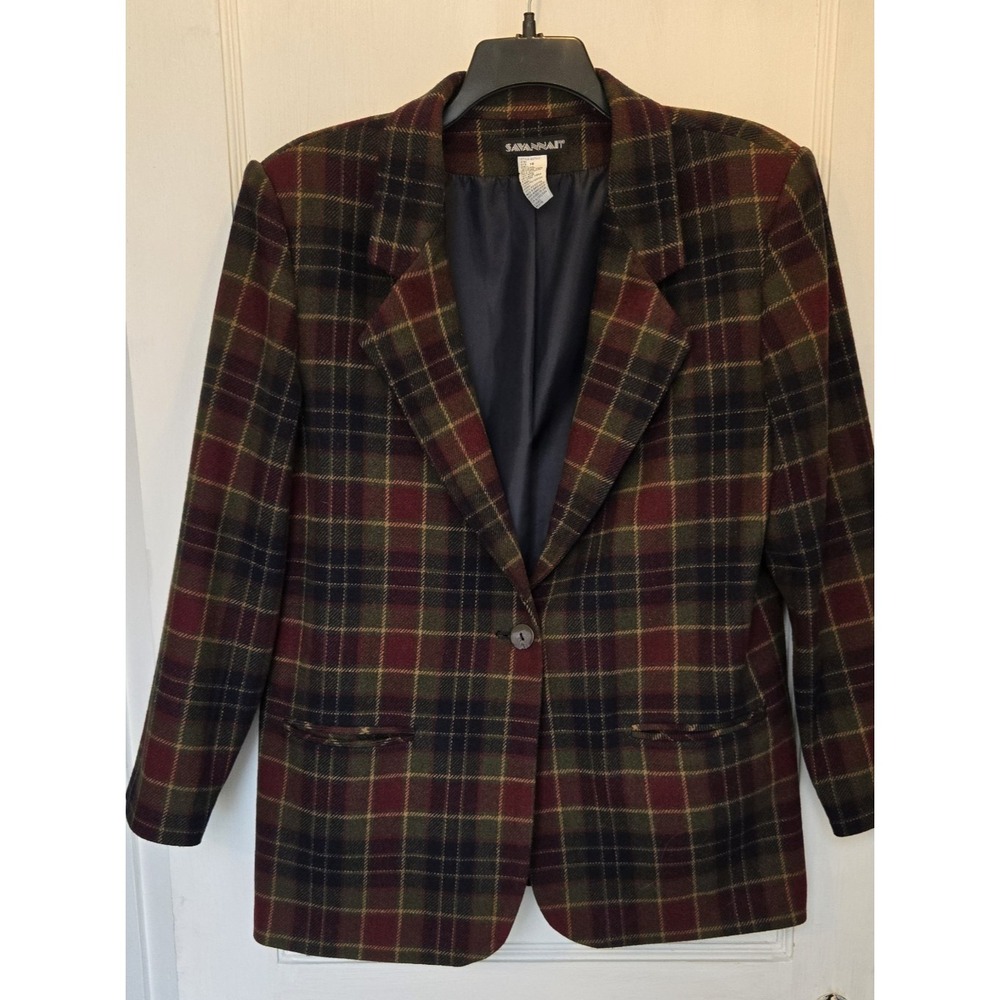 VTG Savannah Women's Lined Wool Blend Plaid Blazer Professional Shoulder Pads 16